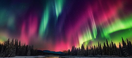 Northern lights amazing colorful lights in the sky. Multi colored, Green,pink and purple. Magical nature landscape. Amazing Aurora borealis Northern lights. Amazing night scene Polar sky - obrazy, fototapety, plakaty