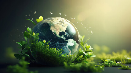 globe earth on  green grass. World environment day, earth day, save earth and eco concept. Concept of handmade globe on pastel background.