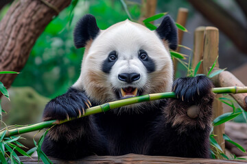 Fototapeta premium Cute panda eating bamboo