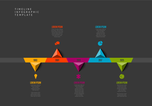 Dark infographic timeline template with up and down triangle arrows on color time line