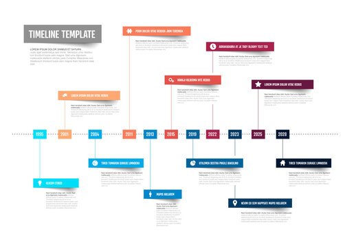 Infographic blue and red timeline template with horizontal dotted time line and color content blocks with icons