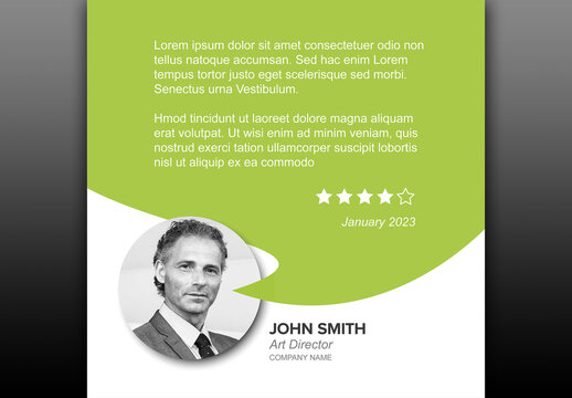 Person quote testimonial or review template with big speech bubble and photo