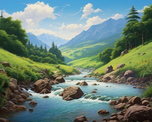 A river flowing through a lush valley, with trees lining the banks and the water reflecting the vibrant greenery of the surrounding landscape.