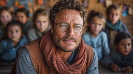 A portrait of a teacher, in his class with students