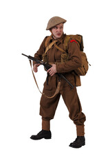 The man is an actor in vintage military uniform of the American soldier, period World War I, 1914-1918