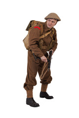 The man is an actor in vintage military uniform of the American soldier, period World War I, 1914-1918