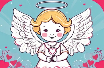 Fototapeta premium Illustration of greeting card white, cute, funny baby cupid angel with gold curly hair on pastel colors background. Promotion, shopping template for love and valentines, mothers day concept. Flat lay.