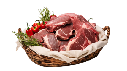 Beef raw materials in basket ready for cooking on a white background