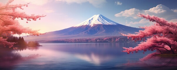 Mount Fuji mountains landscape near lake Kawaguchi, Japan. Generative ai