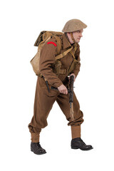 The man is an actor in vintage military uniform of the American soldier, period World War I, 1914-1918