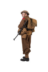 The man is an actor in vintage military uniform of the American soldier, period World War I, 1914-1918