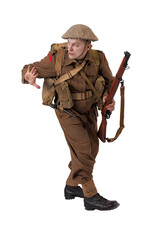 The man is an actor in vintage military uniform of the American soldier, period World War I, 1914-1918