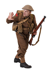 The man is an actor in vintage military uniform of the American soldier, period World War I, 1914-1918