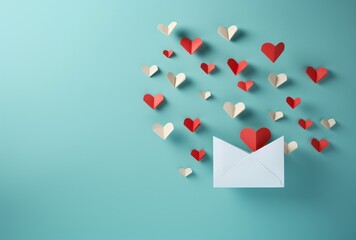 red hearts flying out of an envelope on a blue background