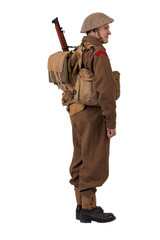 The man is an actor in vintage military uniform of the American soldier, period World War I, 1914-1918