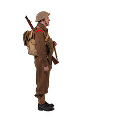 The man is an actor in vintage military uniform of the American soldier, period World War I,...