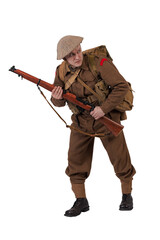 The man is an actor in vintage military uniform of the American soldier, period World War I, 1914-1918