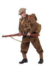 The man is an actor in vintage military uniform of the American soldier, period World War I, 1914-1918