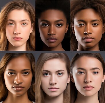 Inclusivity. A series of portraits representing variety and richness of human race. Women of different skin color. Beauty of diversity. Collage of phenotypes, ethnicities and facial features of women