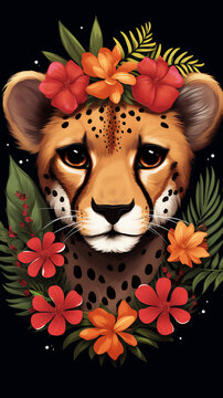 Super cute cheetah portrait in exotic garden. AI generated image.
