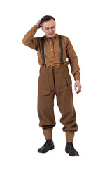 Fototapeta premium The man is an actor in vintage military uniform of the American soldier, period World War I, 1914-1918