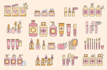 Skin care line icons set.Makeup illustration sign collection.Various different cosmetic products and simple instructions. Packaging in different shapes for skincare products. Editable Stroke. Vector 
