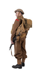 The man is an actor in vintage military uniform of the American soldier, period World War I, 1914-1918