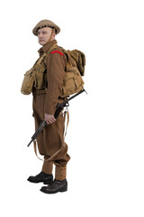 The man is an actor in vintage military uniform of the American soldier, period World War I, 1914-1918