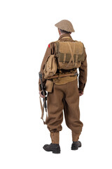 The man is an actor in vintage military uniform of the American soldier, period World War I, 1914-1918