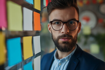 Fototapeta premium Portrait of a handsome young man with a beard looking at the camera while standing in front of a window with adhesive notes
