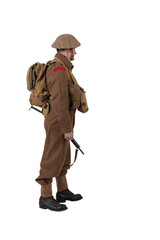 The man is an actor in vintage military uniform of the American soldier, period World War I, 1914-1918