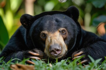 Malayan sun bear walking through the jungle.