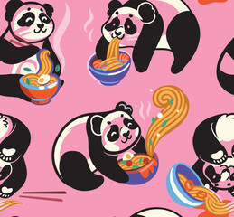 Seamless pattern with cute pandas eating ramen noodles
