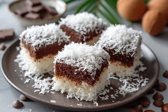 Lamingtons, sponge cake with chocolate and coconut.