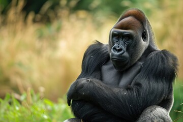Portrait of sitting gorilla in wilderness.