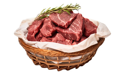 Beef raw materials in basket ready for cooking on a white background