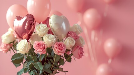 bouquet of roses with balloon and copy space for text in pink theme