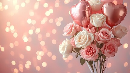 bouquet of roses with balloon and copy space for text in pink theme