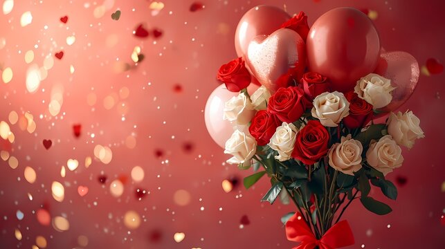bouquet of roses with balloon and copy space for text in red theme