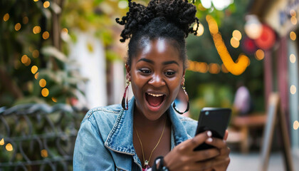 Excited African American woman using phone. Black woman, phone and fist celebration in studio, blue yellow background and winning online prize. Happy female model celebrate mobile promotion, bonus 