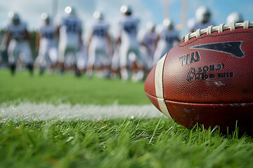 A close-up of a generic football in play on a grass field, with players in generic uniforms strategizing in the background