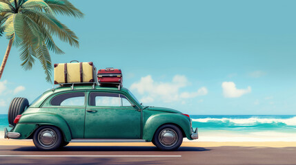 Green car with luggage ready for summer holidays, copy space