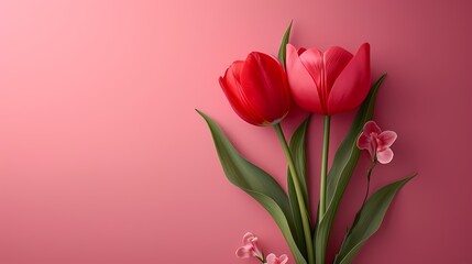 Fototapeta premium Isolated red tulips on red background
