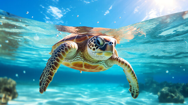 Hello summer. Super cute little turtle swimming in the blue lagoon. AI generated image.