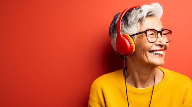 an old lady smiling with her heart and wearing headphones