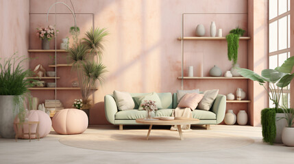 Botanical Boho modern pastel coloured interior design, modern living room with furniture, interior, room, sofa, home, furniture, living, wall, house, design, chair, couch, floor, lamp, table