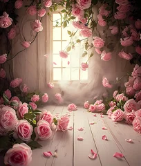 Foto op Canvas Vintage farmhouse cottage pink rose vines background backdrop © Kornkanok