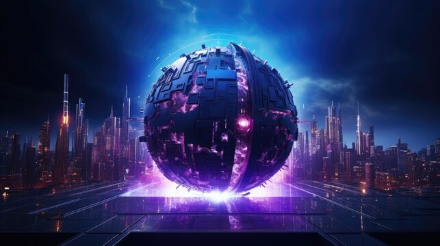 Futuristic Sphere Floating Above a Cyberpunk Cityscape at Night