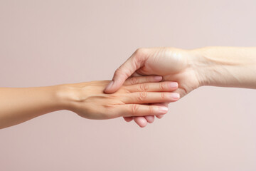 Old hand of elderly woman and young hand with youthful skin