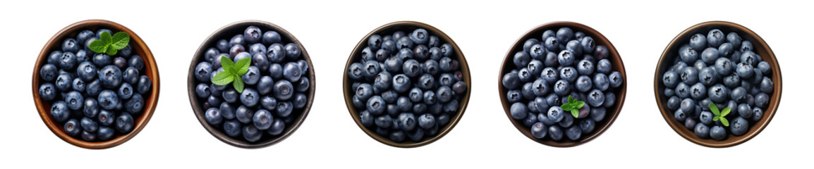 Collection bowl of blueberries isolated on a transparent background, top view